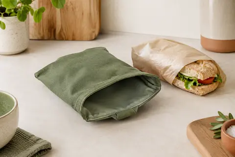Emballage à sandwich pliable en tissu vert, entrouvert sur un plan de travail clair