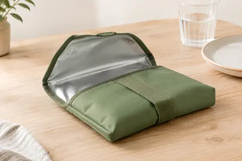 Porte-sandwich textile vert avocat ouvert sur une table en bois clair, avec son intérieur lisse visible.