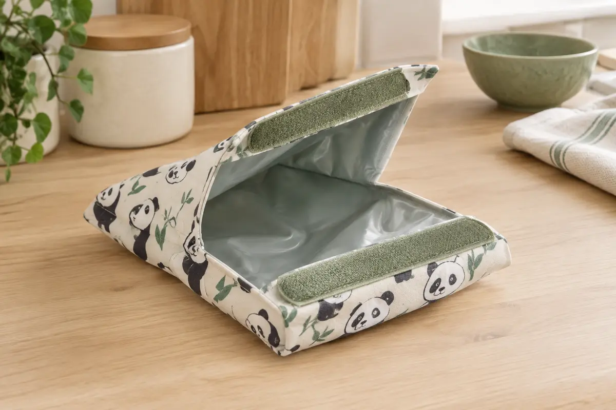Porte-sandwich réutilisable carré avec motif panda, intérieur en TPU et fermeture autoagrippante, posé sur un plan de travail.