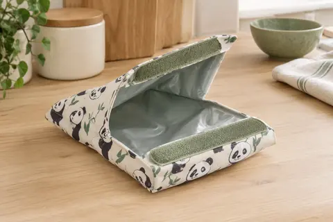 Porte-sandwich réutilisable carré avec motif panda, intérieur en TPU et fermeture autoagrippante, posé sur un plan de travail.