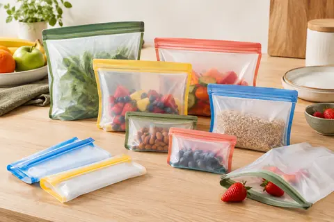 Lot de sacs alimentaires réutilisables transparents avec fermetures zippées colorées sur un plan de travail