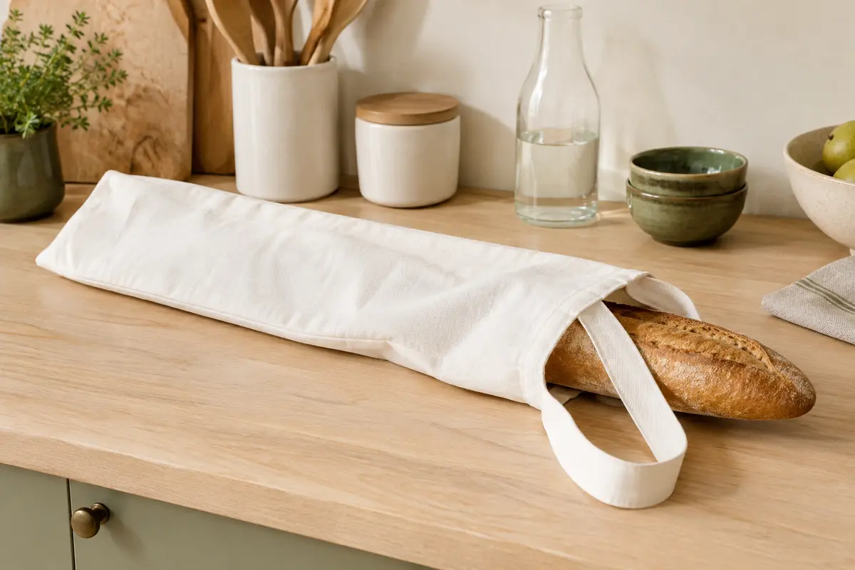 Sac à baguette blanc en coton avec anse, posé près d’une baguette dans une cuisine lumineuse.