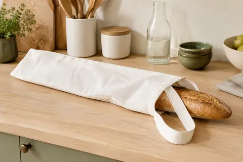 Sac à baguette blanc en coton avec anse, posé près d’une baguette dans une cuisine lumineuse.