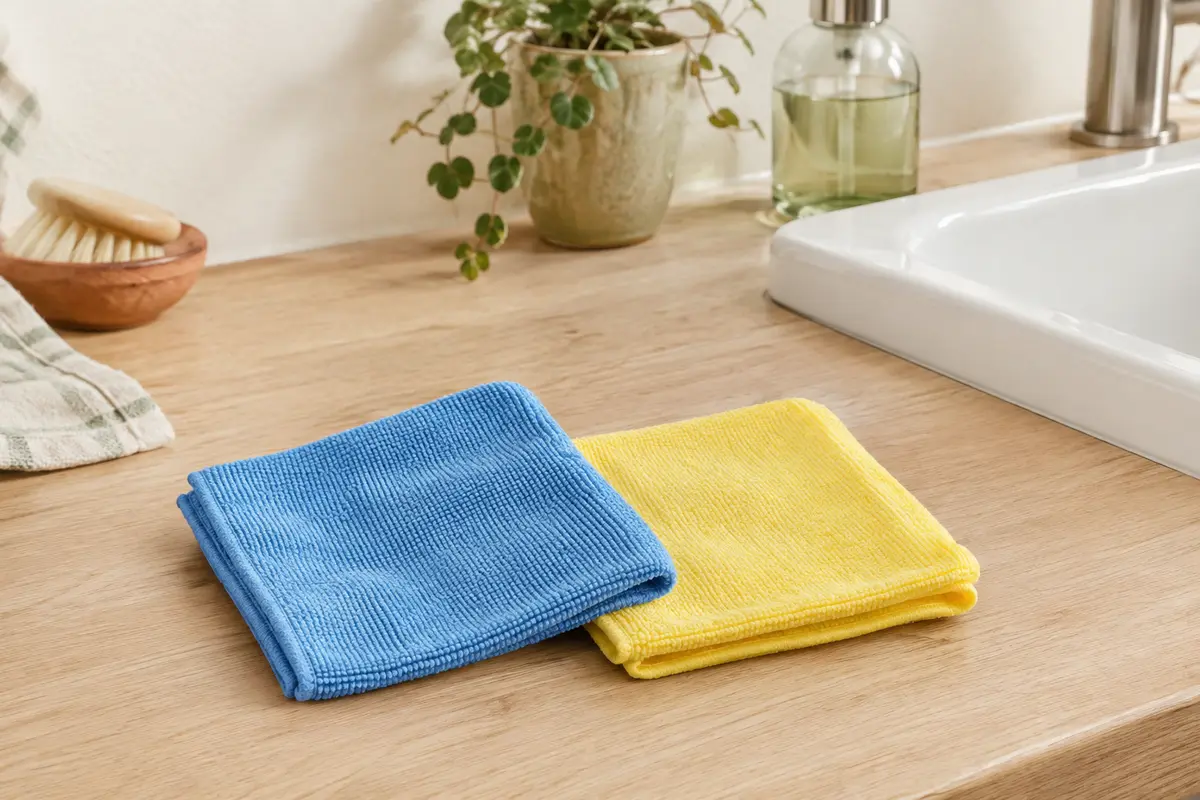 Deux lavettes carrées en microfibre bleue et jaune posées sur un plan de travail en bois clair