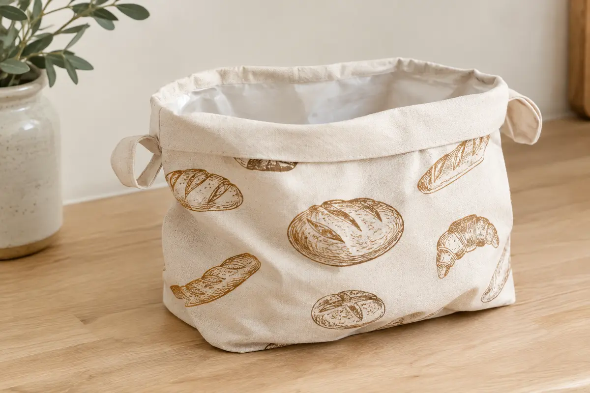 Sac à pain souple en coton à doublure TPU, ouvert pour montrer l’intérieur et ses boucles de fermeture.