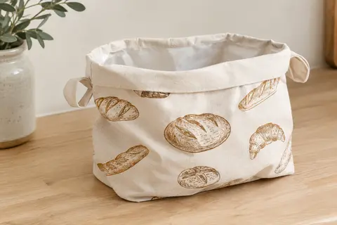 Sac à pain souple en coton à doublure TPU, ouvert pour montrer l’intérieur et ses boucles de fermeture.