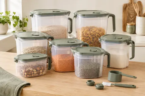 Lot de boîtes de conservation en plastique avec couvercles à bec verseur et accessoires pour aliments secs