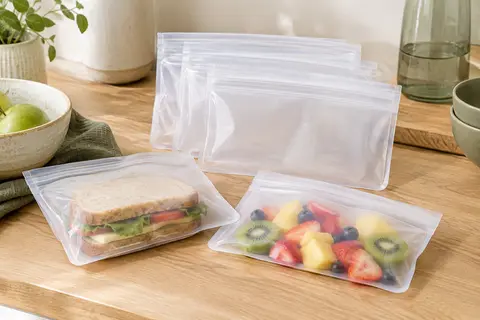 Sacs alimentaires transparents en PEVA à fermeture éclair, avec un sandwich et des fruits sur un plan de travail