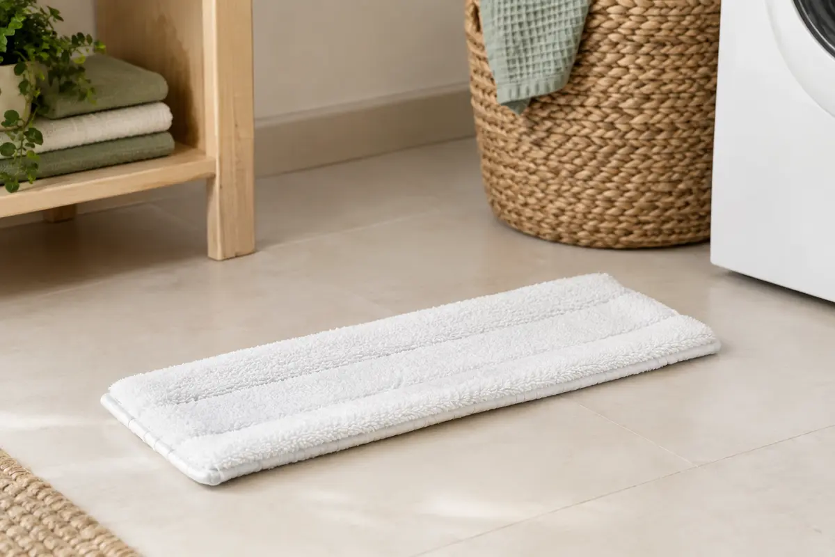 Recharge plate blanche en microfibre pour balai Spontex Easy Max+, posée seule sur un sol clair
