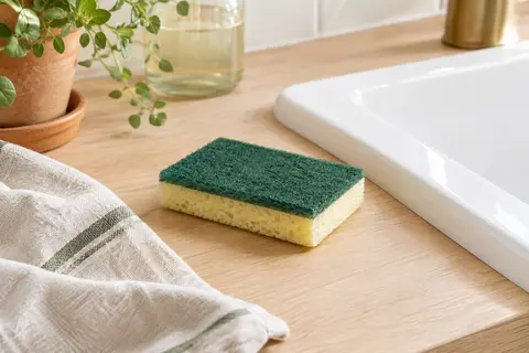 Gratte-éponge de cuisine à face grattante verte posée près d’un évier en céramique claire.