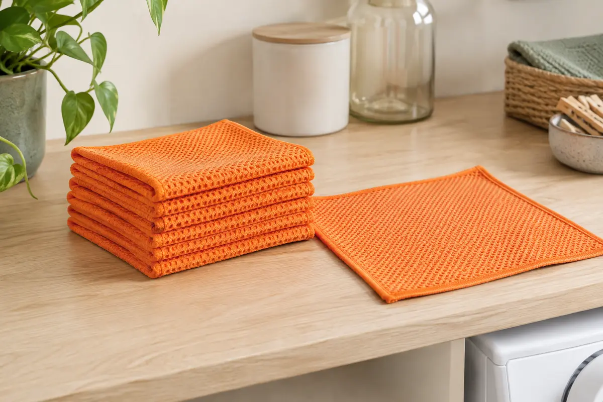 Lot de lavettes microfibres orange pliées, avec leur texture en nid d’abeille visible sur un plan en bois clair.