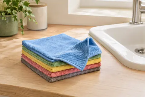 Lot de lavettes microfibre multicolores pliées sur un plan de travail en bois clair dans une cuisine lumineuse