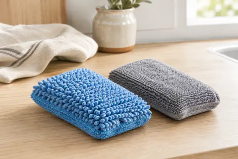 Deux éponges microfibres Starwax bleue et grise posées sur un plan de travail clair dans une cuisine lumineuse.
