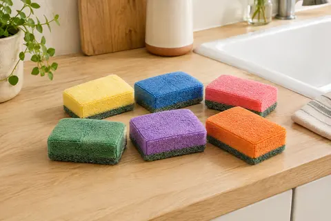Lot d’éponges lavables Surfela à double face posé près d’un évier dans une cuisine lumineuse.