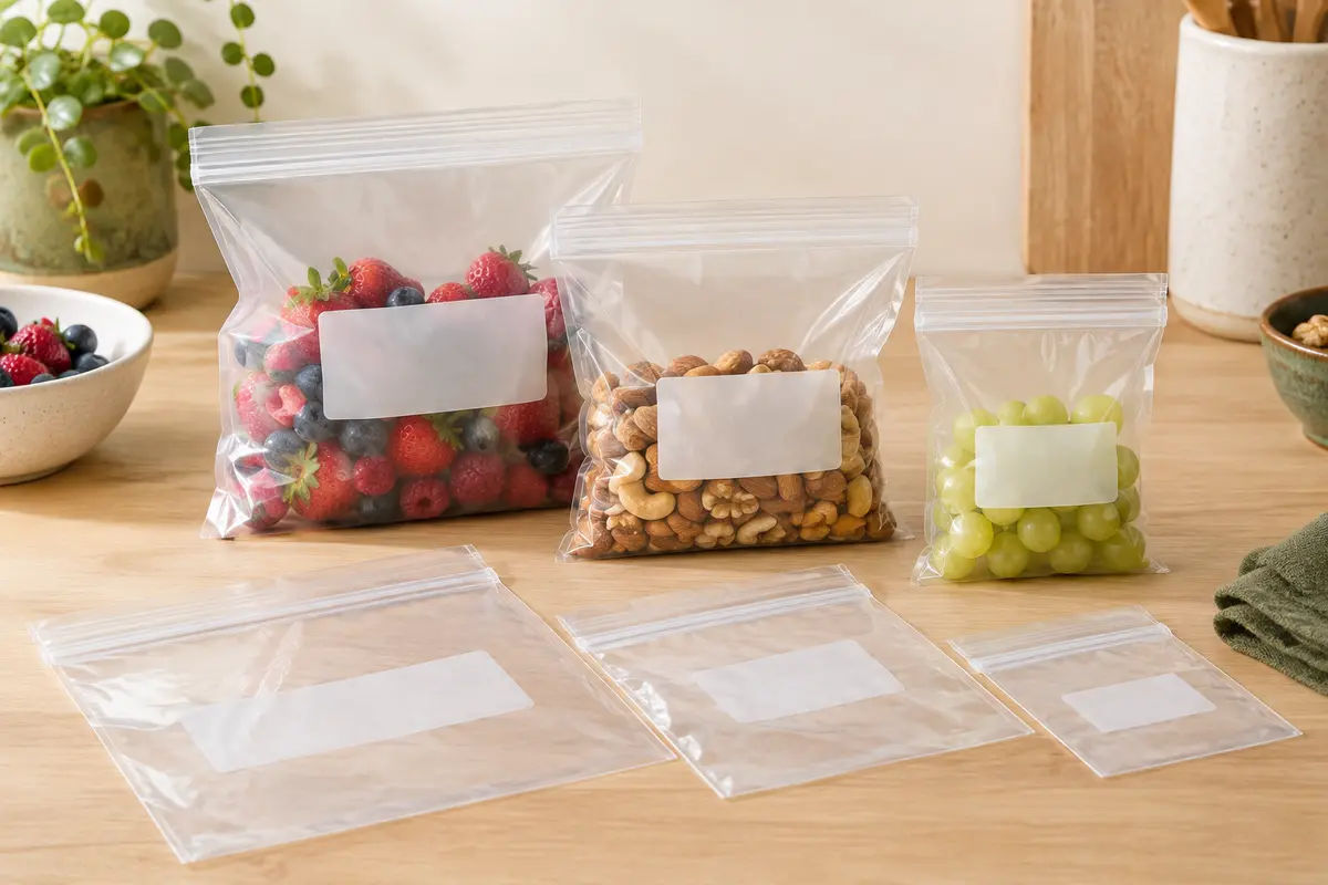 Sacs alimentaires souples en polyéthylène clair, de trois formats, disposés sur un plan de travail en bois.