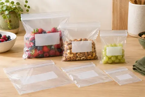 Sacs alimentaires souples en polyéthylène clair, de trois formats, disposés sur un plan de travail en bois.