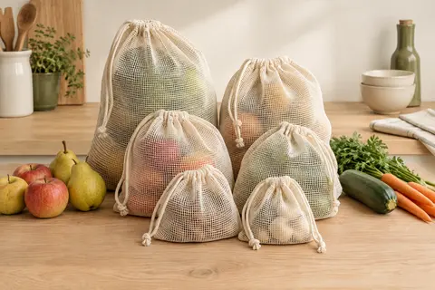 Six sacs en filet de coton beige à cordon, disposés près de fruits et légumes sur un plan de travail