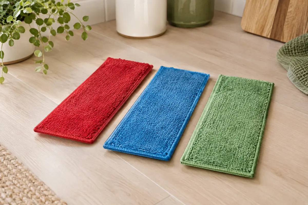 Trois recharges de balai en microfibre rouge, bleue et verte posées sur un sol clair