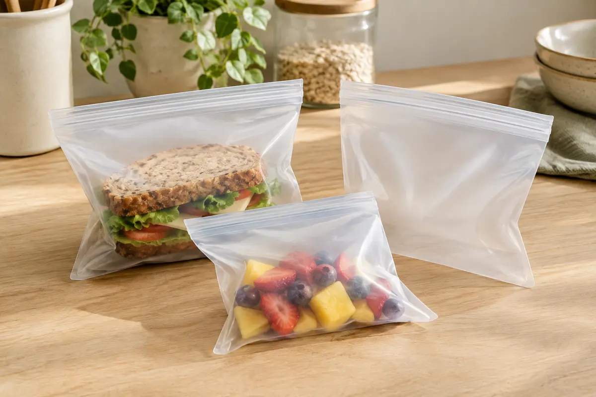 Trois sacs alimentaires transparents en PEVA à double fermeture posés sur un plan de travail en bois clair.