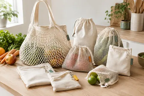 Ensemble de sacs en coton naturel en maille et en tissu, avec cordons de serrage et sac à provisions à poignée