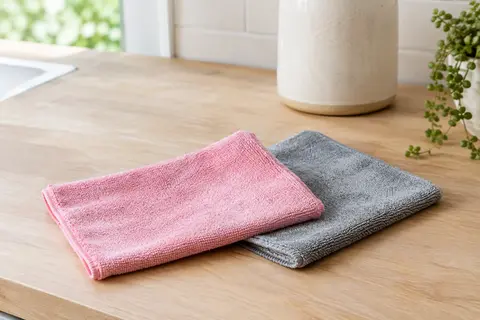 Deux lavettes microfibres rose et grise posées sur un plan de travail en bois clair
