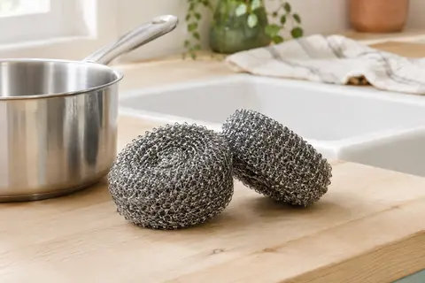 Deux éponges métalliques grises Vileda posées près d’une casserole en acier inoxydable dans une cuisine.