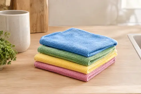 Quatre lavettes rectangulaires en microfibre de couleurs différentes, pliées sur un plan de travail en bois clair.