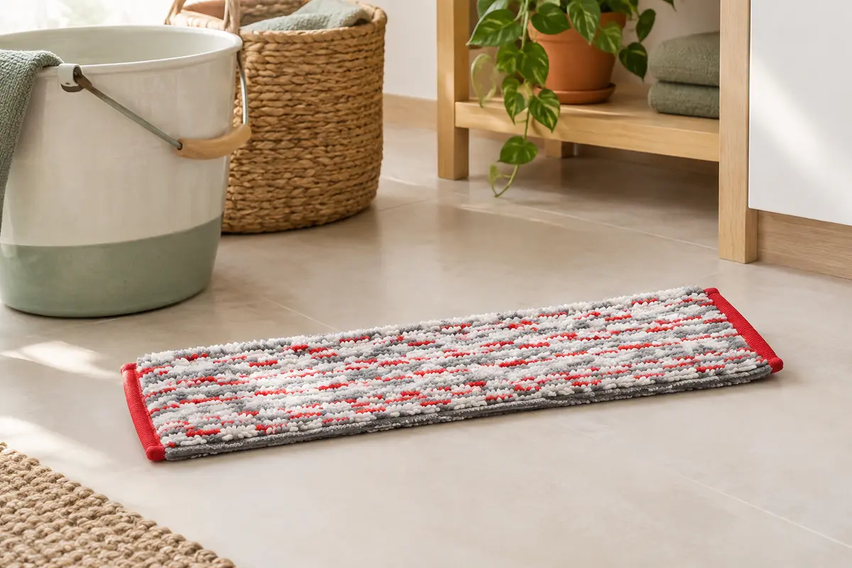 Recharge de serpillière plate Ultramax XL en microfibre rouge, grise et blanche posée dans une buanderie claire