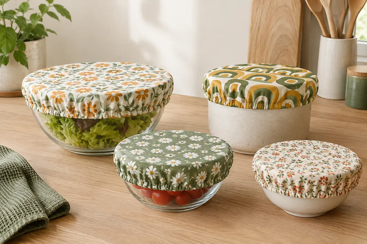 Couvre-bols réutilisables en tissu à bord élastique posés sur des bols en verre et un pot en céramique