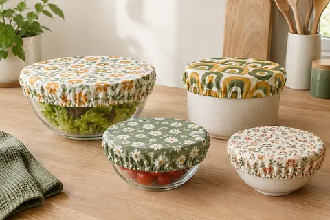 Couvre-bols réutilisables en tissu à bord élastique posés sur des bols en verre et un pot en céramique