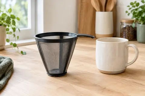 Filtre à café réutilisable noir en acier inoxydable, avec maille fine et anse, posé dans une cuisine lumineuse.