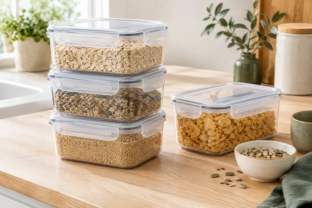 Quatre boîtes alimentaires transparentes empilables avec couvercles à clips, posées sur un plan de cuisine
