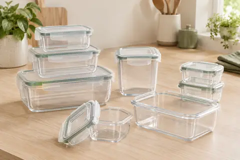 Huit boîtes alimentaires transparentes avec couvercles à joint silicone, empilées sur un plan de travail clair.
