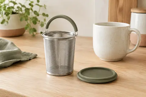 Infuseur à thé gris en acier inoxydable avec poignée en silicone et couvercle repose-filtre