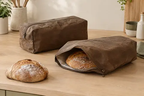 Deux sacs à pain bruns en coton enduit avec fermeture zippée, posés sur un plan de travail en bois
