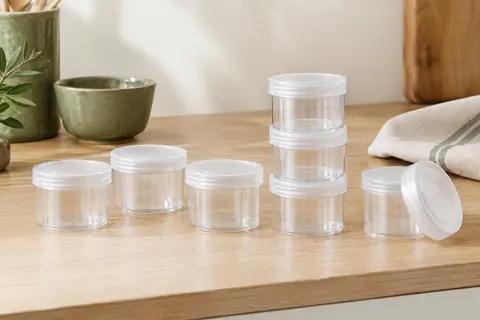 Lot de petits pots transparents à couvercle vissé, empilés sur un plan de cuisine en bois clair.