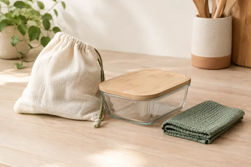 Accessoires lavables et contenants réutilisables présentés dans une cuisine lumineuse